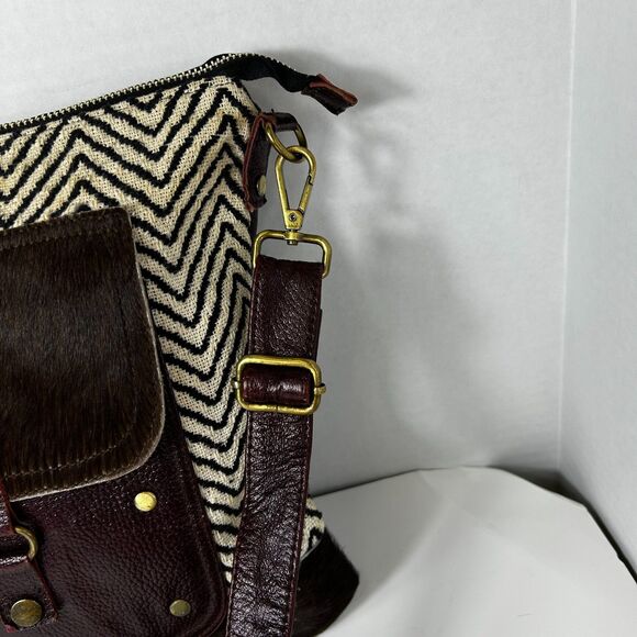 Myra Mixed Media Wine Leather Chevron Fabric Haircalf Shoulder Crossbody Bag - Picture 6 of 13